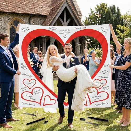 MIJOMA Hochzeitsherz zum Ausschneiden mit 2 Scheren & Stiften – Hochzeitsspiel für Brautpaar – Just Married Herz-Laken als Fotohintergrund & Hochzeitsdekoration