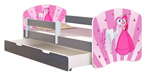 ACMA Kinderbett Jugendbett mit Einer Schublade und Matratze Grau mit Rausfallschutz Lattenrost II (08 Princess, 160x80 + Bettkasten)