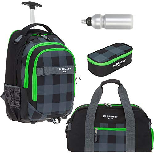 4 Teile Set Trolley Elephant Hero Signature Schultrolley Rucksack Trolly Sporttasche Mäppchen Flasche 12611 (Plaid Green (Grün-Grau) 4 Teile tsmbf)