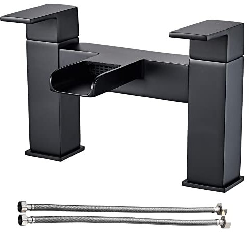 Black Waterfall Bath taps,Luckyhome Bathroom Filler Mixer Tap Chrome Double Lever Tub Tap
