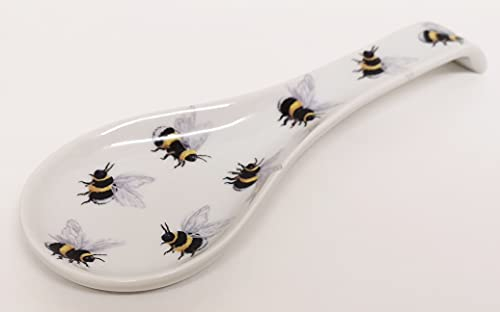 Rainbow Decors Bees Small Spoon Rest Bumble Bees 7.5inch 19.5cm Ceramic Porcelain Spoon Teabag Tidy Hand Decorated UK, Yellow, 19.5x6.7cm