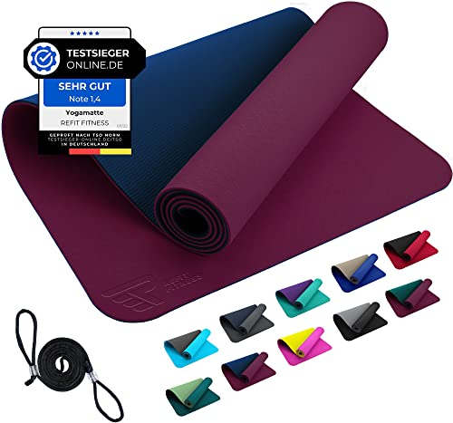 REFIT FITNESS Yoga Matte 190 x 60 x 0,6 cm Aubergine Blau GeckoGrip Sensi-Plus TPE Yogamatte rutschfest Schadstofffrei Tragegurt Sportmatte Fitnessmatte Gymnastik Sport Pilates