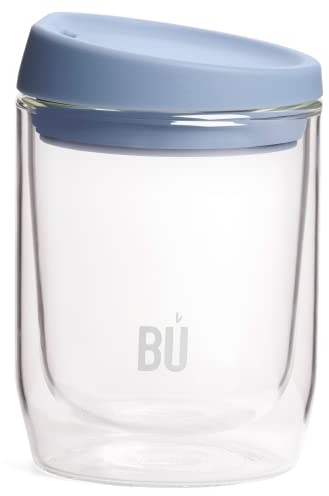 BU Products Reusable Double Walled Glass Coffee Cup | Travel Mug | Splash Proof Antibacterial Lid | BPA Free | Cappuccino Latte Flat White Glass Mugs | Vacuum Insulated | 8oz/227ml Blue