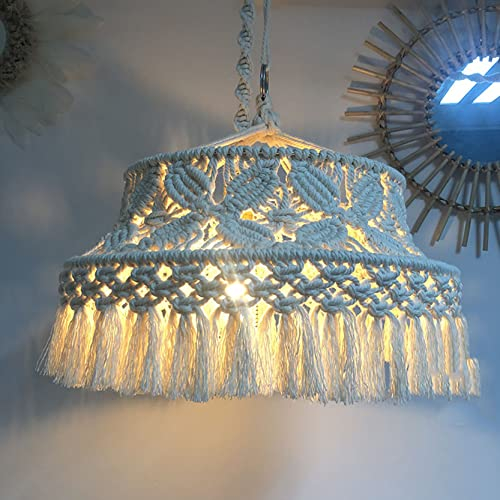 WABMJGW Makramee Lampenschirm Deckenleuchte Shade Large Boho Decor,handgewebter Lampenschirm Elegante Quaste,Natürliche Baumwollschnur Kronleuchter Laterne Lampenform,Beige-19.7 x 14.9 in