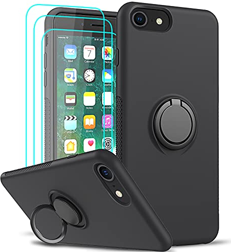 LeYi Hülle für iPhone 8/7/6/6s Flüssig Silikon, Handyhülle iPhone SE 2020/2022 Silikonhülle und 3*Schutzfolie, Kratzfest Stoßfest Gel Dünn 360 Grad Ständer Schutzhülle Case Cover Schwarz