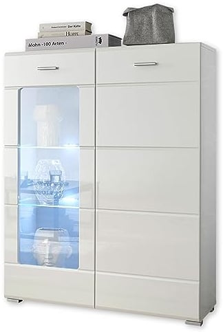 Enrique Stauraumelement, Weiß Hochglanz - Wohnzimmerschrank mit LED-Beleuchtung und viel Stauraum - 80 x 112 x 42 cm (B/H/T)