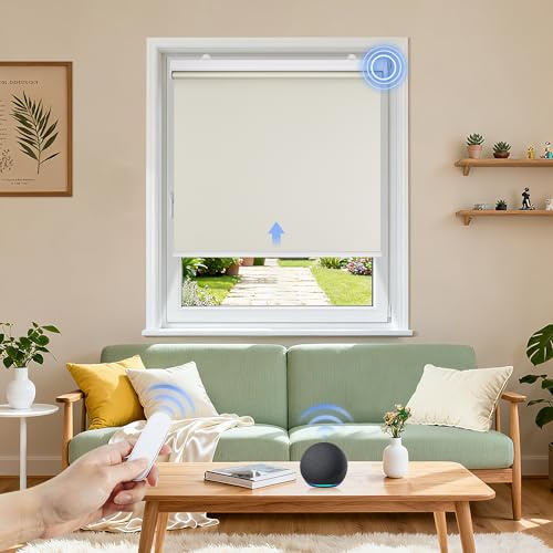 Grandekor Elektrische Rollos Innen Verdunklungsrollo ohne Bohren 120x130 cm | Creme mit Fernbedienung & Leiser Motor Smart Rollo für Fenster Innen mit Metal Klemmträger,Thermorollo Sonnen-& Sichtschutz