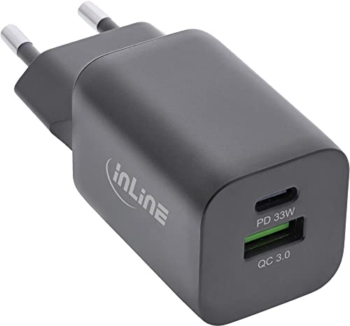 InLine USB C & USB A Netzteil 33W mit Power Delivery & Quick Charge, Schnellladegerät für Handy & Tablet, schwarz, 31508C