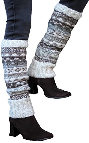 Pachamama Women 100% Wool Legwarmer Handknitted Fair Isle Pattern Natural Colours Regular Fit Handmade Extra Warm Fair Trade