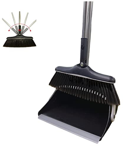 SWISSPACK Long Handled Extendable! Dustpan and Brush, Broom and Dustpan Set, Household Dust pan Combo with 54 Inch Handle for Indoor Outdoor Household Cleaning and Sweeping (Black)