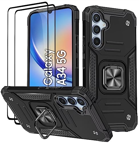 KANSi Hülle für Samsung Galaxy A34 / A34 5G, Schutzfolie [2 Stück] Silikon TPU Hart PC Handy Hüllen 360 Grad Drehbar Ringhalter Bumper Stoßdämpfung Schutzhülle - Schwarz