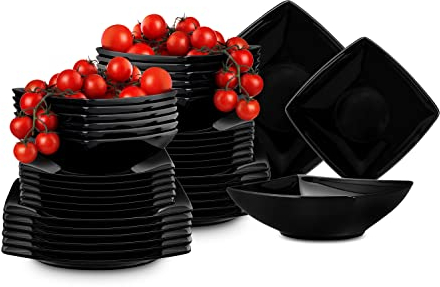Konsimo. Geschirrset 12 Personen - EPIRI Teller Set Modern 36 Teilig - Tafelservice & Geschirrsets - Kombiservice 12 Personen - Steingut Service für Familie - Geschirr Schwarz Glanz