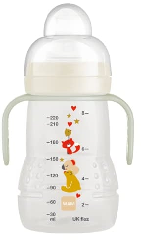 MAM Trainer Night | 1 Pack (1 x 220ml) | Comes with MAM Bottle Handles That Glow in The Dark | Suitable from 4+ Months | Spill-Free | Cream (Various Designs)