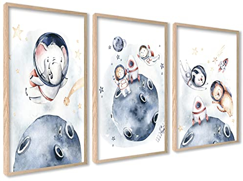 ag.art deco 3er Kinderzimmer Poster | 3 Stück A3 30x40cm | Wanddeko Elefant und Hase elefant und hase im Weltraum | Mädchen und Junge Bilderset | ohne Rahmen
