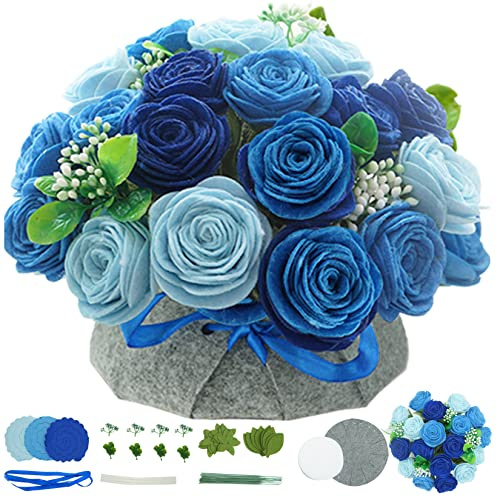 BAZIMA DIY Felt Flower Art Craft Kit, DIY Blue Rose Pot Bonsai Kit, Floral Gifts,Beginner Craft Kit,Arrange Pre-Cut Felt Flowers and Foliage
