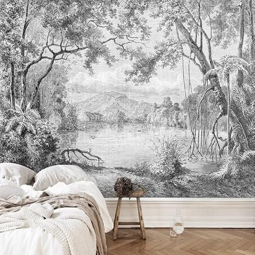 Custom Size Wall Murals,Black and White Forest Line Rainforest,Removable Peel and Stick Self-Adhesive Wall Murals Large Photo Wallpaper