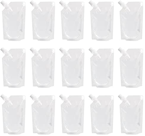 Lot de 15 Pochettes pour Boissons et 2 Entonnoirs, Pochette de Boisson en Plastique Réutilisables, Sachets de Boissons Transparent Flacons à Boissons Pliable pour Jus, Shakes, Smoothies (200ml)