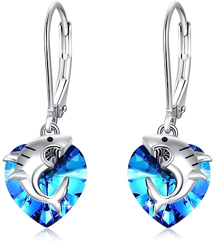 Hai Ohrringe 925 Sterling Silber Herz Ohrringe Hängend Damen Ohrringe Tiere Kristall Ozean Ohrhänger Hypoallergen Schmuck für Mädchen Frauen Ehefrau Freundin Tochter Geburtstag Geschenk