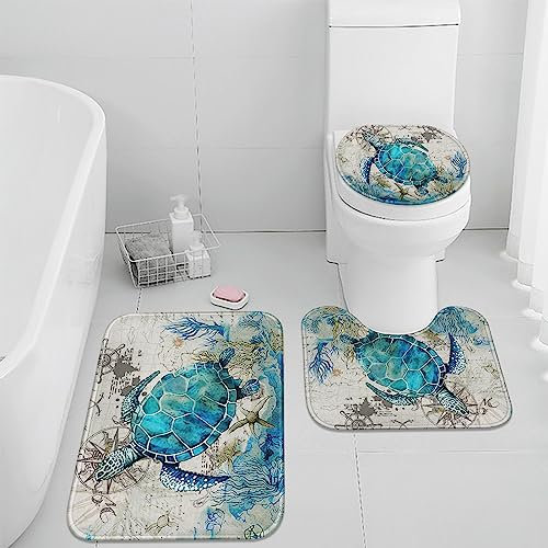 Britimes Badteppich-Set mit blauer Schildkröte, 3-teilig, Ozean, nautischer Seestern, waschbarer Bezug, Bodenteppich, Dekorationen für Küche, Badezimmer, Schlafzimmer