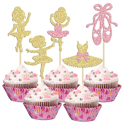 Gyufise 24Pcs Ballerina Tutu Cupcake Toppers Gold Glitter Ballet Girl Cupcake Toppers Ballet Slipper Cupcake Picks for Ballerina Theme Baby Shower Birthday Party Cake Decoration Supplies