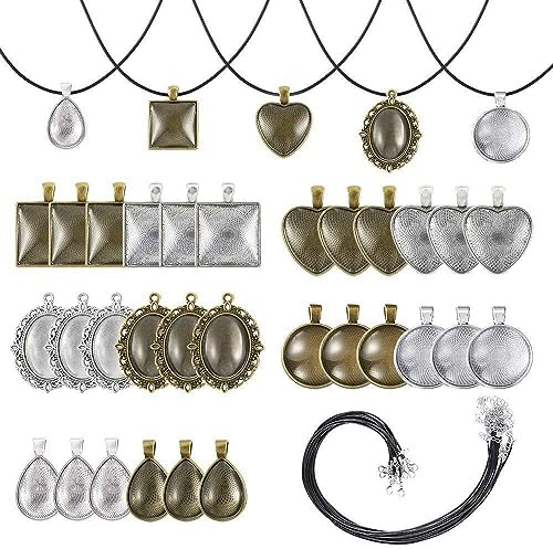 Pendant Trays Set 75Pcs Pendant Trays and Cabochons for Jewelry Making 5 Styles Pendant Trays with Glass Cover and Necklaces Cords for Necklaces Making