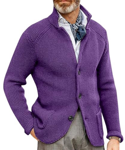 Oanviso Cardigan da Uomo Maglione Invernali Maglioni con Pulsante Maglia a Maniche Lunghe Scollo a V Giacca a Maglia Casual Cappotto Caldo Comodo A Viola M