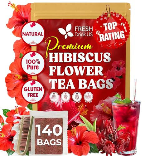 FRESHDRINKUS 140 Hibiscus Flowers Tea Bags, 100% Natural, Pure from Hibiscus Flowers. Loose Flower Hibiscus Herbal Tea. Hibiscus Flower Tea. No Sugar, No Caffeine, No Gluten, Vegan.