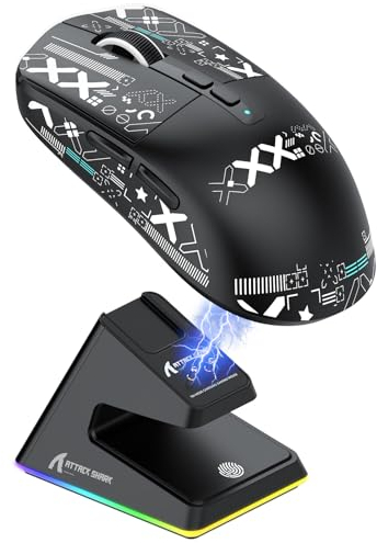 ATTACK SHARK X6 Souris Superlight 49 g avec Station de Chargement magnétique, capteur de Jeu PixArt PAW3395, Souris de Jeu sans Fil/Filaire BT/2,4 G avec Bande, 26 000 DPI, Souris de Mise (Noir)
