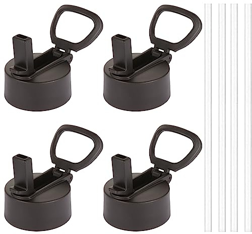 Volhoply 4 Pack Flex Straw Lids for Insulated Water Bottles, Black, Plastic, Sport, Snap Closure, Dishwasher & Microwave Safe, Compatible with Most Wide Mouthed Bottles