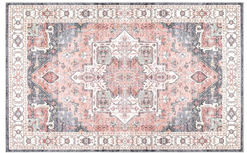 Carvapet Waschbar Läufer Teppich 150x210cm rutschfest Lang Dünner Teppiche Gegend Vintage Medaillon Rosa Teppich für Wohnzimmer Schlafzimmer Küche