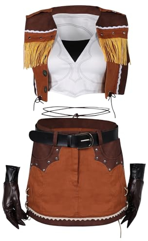 Noiclub FF Tifa Lockhart Cosplay-Kostüm-Set für Damen, Cowgirl-Outfit für Mottoparty und Halloween, mit Mantel, Handschuhen, Gürtel, Weste, Rock, Größe S