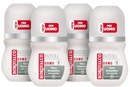 Borotalco, Deo Roll-On für Herren, unsichtbar, mit Talkum, gegen Flecken, ohne Alkohol, Moschusparfüm, 72h Wirksamkeit – 4 Stück à 50 ml – Exklusiv von Amazon