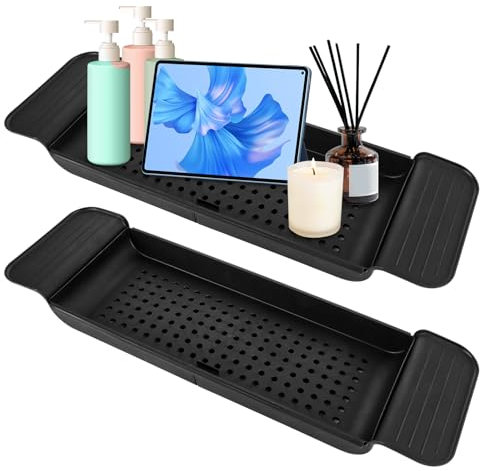ZOFUN 2 Stück Badewannen Caddy Tablett Badewannenablage mit Ablaufdesign, 55,6–78,8 cm Erweiterbares Kunststoff Baderegal Badewannentablett, Badewannen Caddy Tablett Badewanne für Kerzen Seife