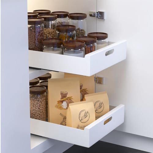 2 Pcs Pull Out Cabinet Organiser, Roll-Out Sliding Drawer Organiser Shelf, Heavy Duty Slide Out Pantry Shelves with Adhesive Film,Self Adhesive Extendable Organiser Storage Tray for Kitchen Cabinet