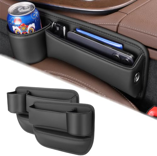 SUHNGE Autositz Gap Aufbewahrungsbox mit Getränkehalter für O.p.e.l Corsa-C Corsa-D Corsa-E Corsa-F, 2 Stück PU-Leder Autositz Seitentaschen Organizer, Vordersitzkonsole Lückenfüller mit Kabelloch