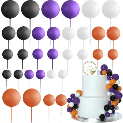 ASTARON 32 Pcs Ball Cake Topper Halloween Decorations Mini Balloons Cake Topper Sticks Foam Balls Birthday Cake Topper Picks Cake Decorations for Halloween Supplies (Orange,Black,Purple)