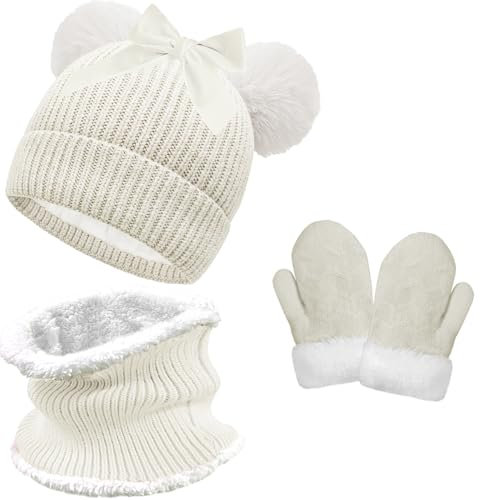 crazy bean Bonnet Echarpe et Gants pour Enfant Chaud Hiver Tour de Cou et Moufle Fille Garçon Bonnet en Tricot avec Double Pompon Fourrure Ensemble de 3 Pièces Blanc