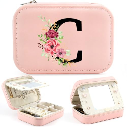 Initiale Schmuckkästchen Mädchen Geschenke, Klein Schmuckschatulle mit Buchstaben C, Reise Schmuckkasten mit Spiegel, Geschenk für Damen Mädchen Freund, Geschenke für Geburtstage, Weihnachten