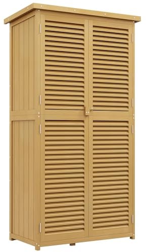 Outsunny Gartenschrank Holz Geräteschuppen Gerätehaus mit Asphaltdach Lamellentür Geräteschrank Schuppen Garten 4 Fächer Hellgelb 87 x 46,5 x 160 cm
