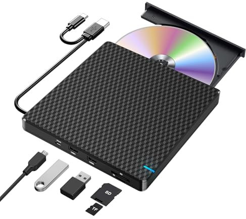 NOLYTH External CD/DVD Drive for Laptop: USB 3.0 Slim CD Burner with SD TF 2 USB Ports - Plug & Play USB-C Portable DVD Player Reader for Mac Macbook PC Windows 11/10