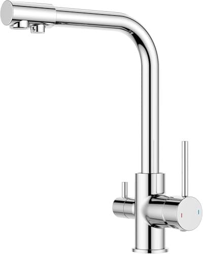 BELZ 3 Wege Wasserhahn Küche, 360° Drehbar Armatur Küche, 3 in 1 Mischbatterie Küche für Wasserfilter, Spültischarmatur Küche mit 2 Hebel (Chorm)