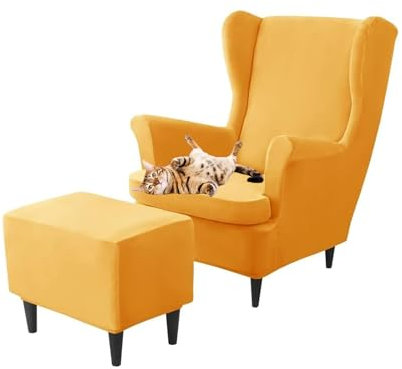 GUYIRT Ohrensessel Überzug Samt Mit Hockerbezug Rechteckig, Ohrensessel Bezug Mit Ottomane Schonbezug Hocker Bezug Für Wohnzimmer Schlafzimmer (Gold)