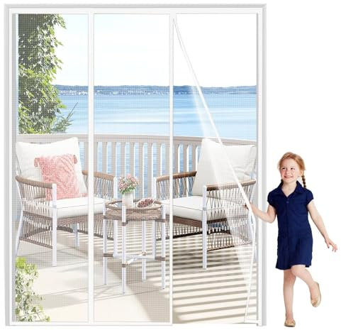 Reinforced Cat Screen Door 95x265cm White, Heavy Duty Pets Proof Screen Door with Zipper, Prevent Dogs Cats Running Out from Home
