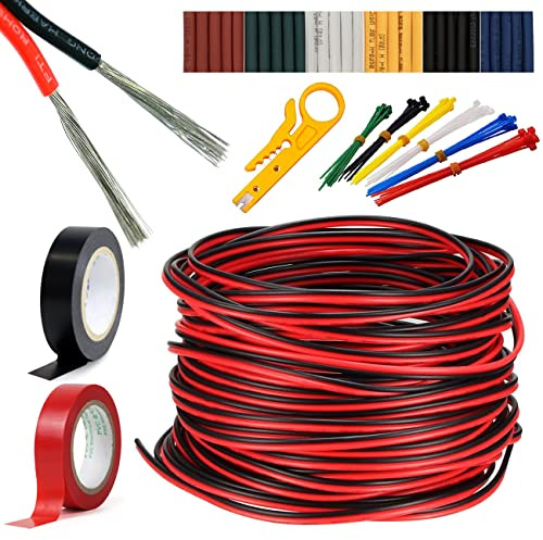 Eoulyee 22AWG câble d'extension fil rouge noir 2 broches parallèle | longueur de fil 66pi cordon toronné cuivre étamé 3528 5050 pour bande LED klaxon haut-parleur câblage électronique