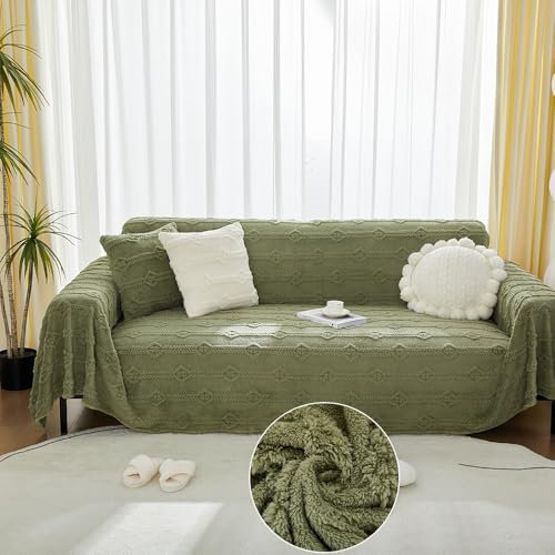 Highdi Sofadecke Universelle rutschfeste, Winterliche Wärme-Plüsch Couch Überzug Einteiliger Vielseitige Sofa Cover Decke 1 2 3 4 Sitzer Sofa Überzug L Form Sofabezug (180x180cm,Olivgrün)