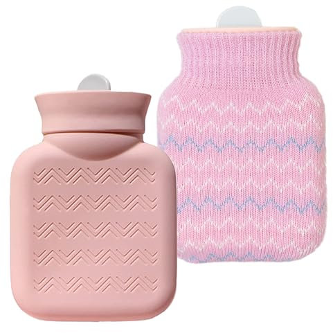 300ml Hot Water Bottle with Knited Cover, Small and Reusable Hot Water Bottle with Cover Microwave Heating and Refrigerator Freezing Available Portable Mini Hot Water Bottles for Kids Women Pink