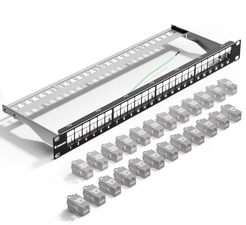 VCELINK Panneau de Brassage Modulaire 24 Ports avce 24 Keystone RJ45 CAT6A | Les modules Keystone RJ45 blindés à contacts dorés assurent un débit stable de 10 Gbit/s (500 MHz)