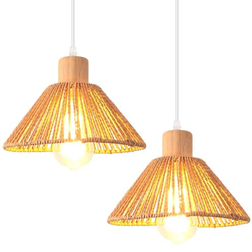 iDEGU 2 Piezas Lámparas Colgantes de Ratán Madera, 22cm Vintage Lámpara de Techo Moderna Estilo Boho Tulipa en Madera y Cuerda de Cáñamo E27 Luz Colgante Retro para Salón Dormitorio Comedor (Marrón)