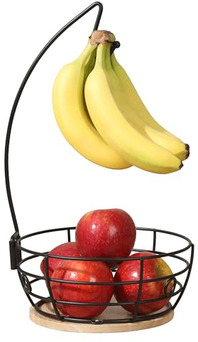 Gibson Home Harvest Season Fruit Basket Bowl with Banana Hanger – Black Metal Wire & Rubberwood Base – Countertop Produce Stand for Apples, Bananas, Oranges – Kitchen Storage Organizer