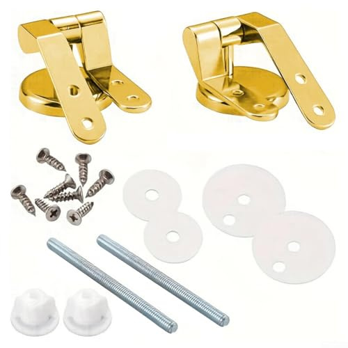 Gold Toilet Seat Hinges Replacement Set with Fittings, Stainless Steel Screws, Nylon Fixing Nuts and Adjustable Washers for Secure Installation on Most Toilet Seats